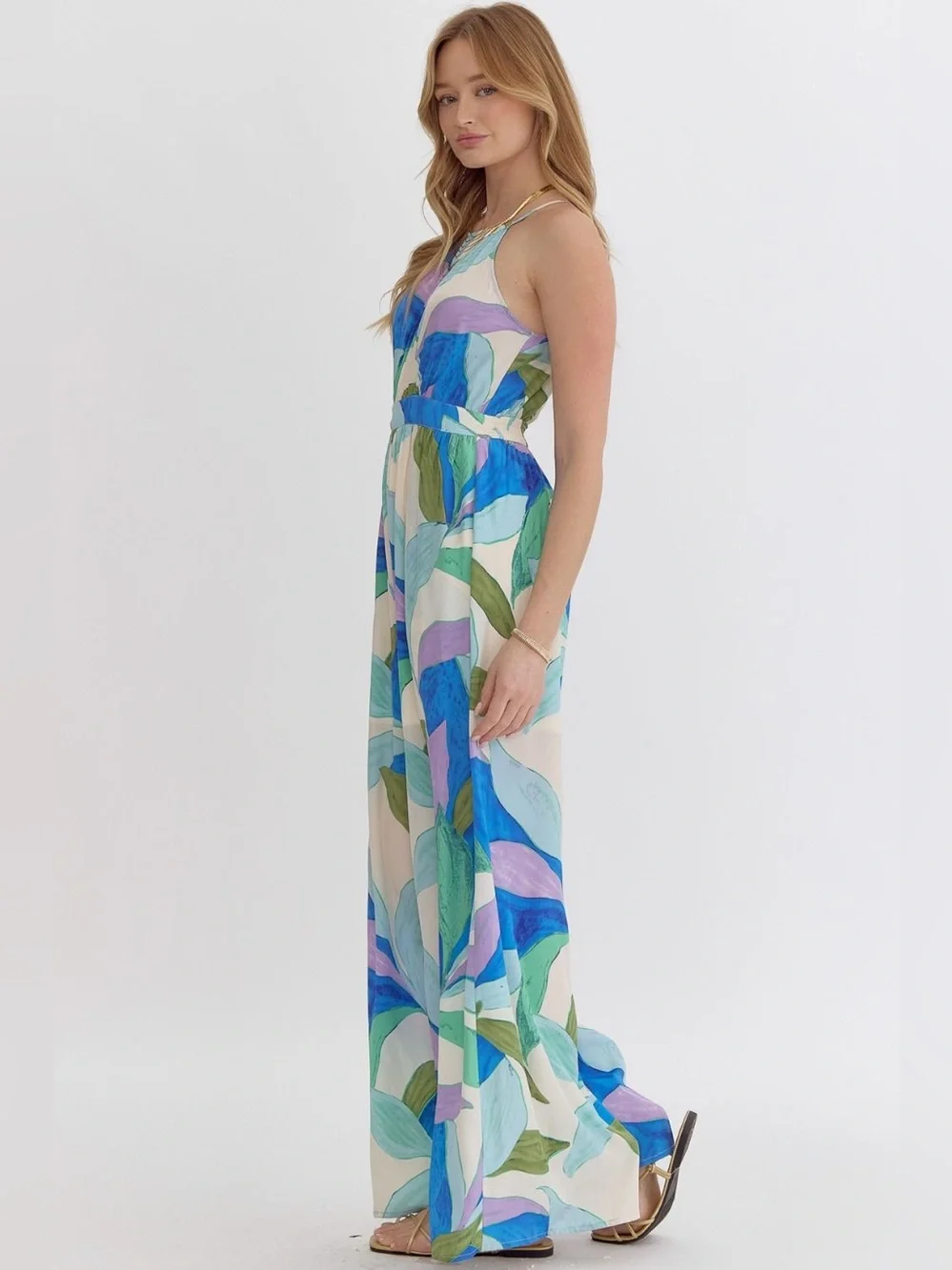 Entro | Paloma Abstract Tropical Vacation Vibes Blue Purple Jumpsuit New Medium